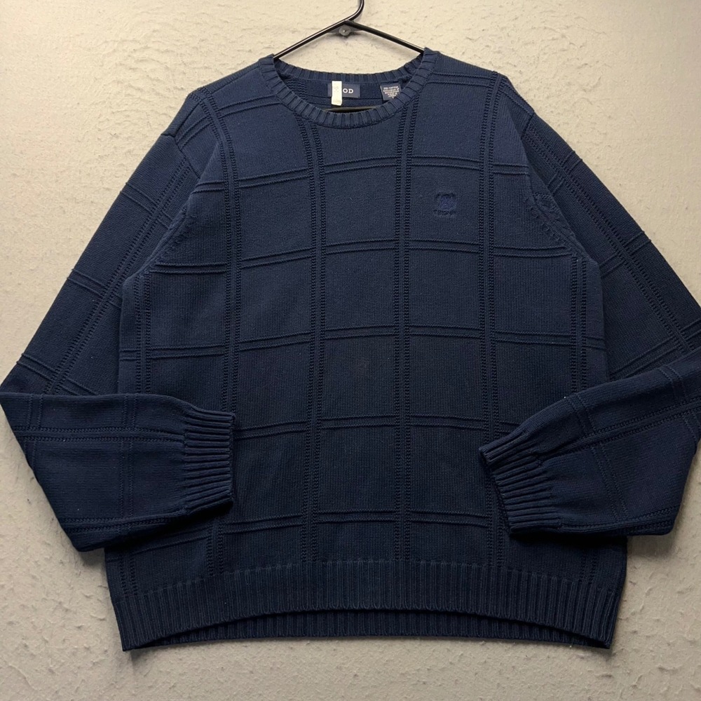 IZOD Mens Large Navy Blue Cotton Textured Grid Crewneck Sweater 100% Cotton